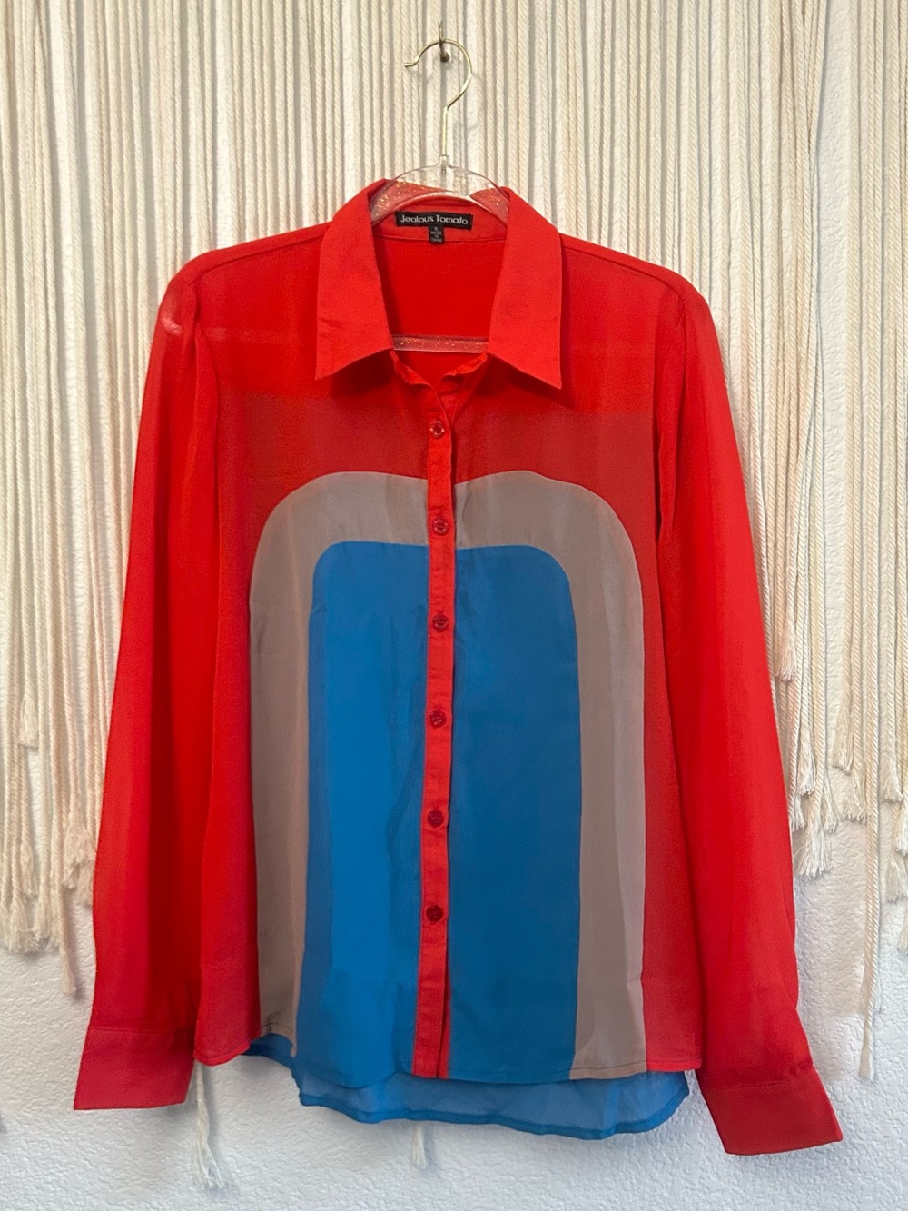 Jealous tomato Sheer Colorblock Button-Up Blouse Red Blue Gray Retro Office Top - Picture 7 of 15